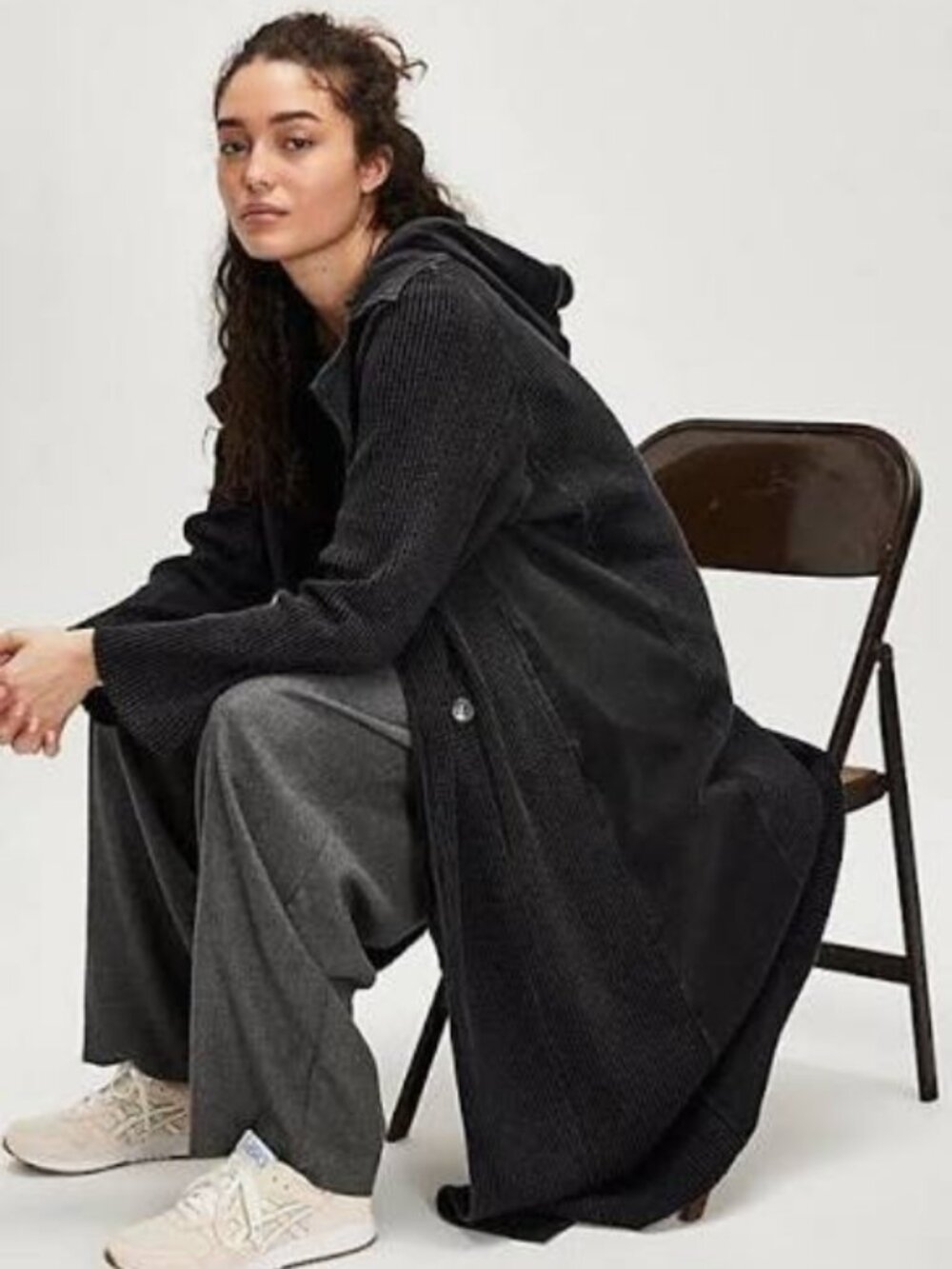 Free People Fp One Landon Jacket Black Collared Neck Waffle Duster Dress S